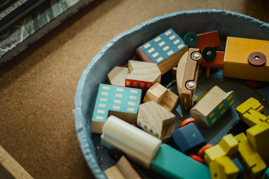 A basket of painted wooden toys